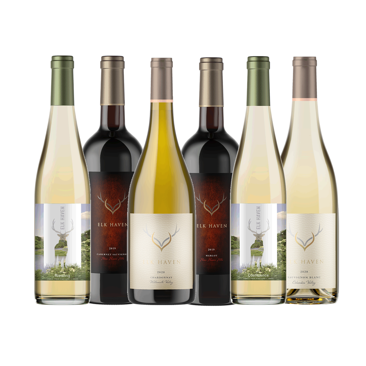 Rendering of six bottles of mixed Elk Haven Winery wines to represent the branch bull six-bottle club membership