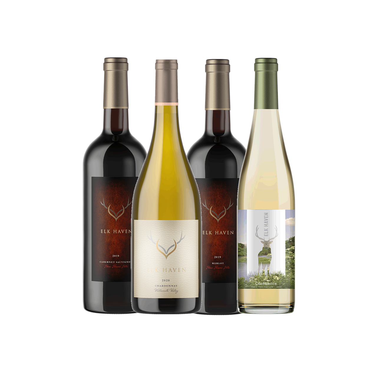 Rendering of four bottles of mixed Elk Haven Winery wines to represent the spike bull four-bottle club membership