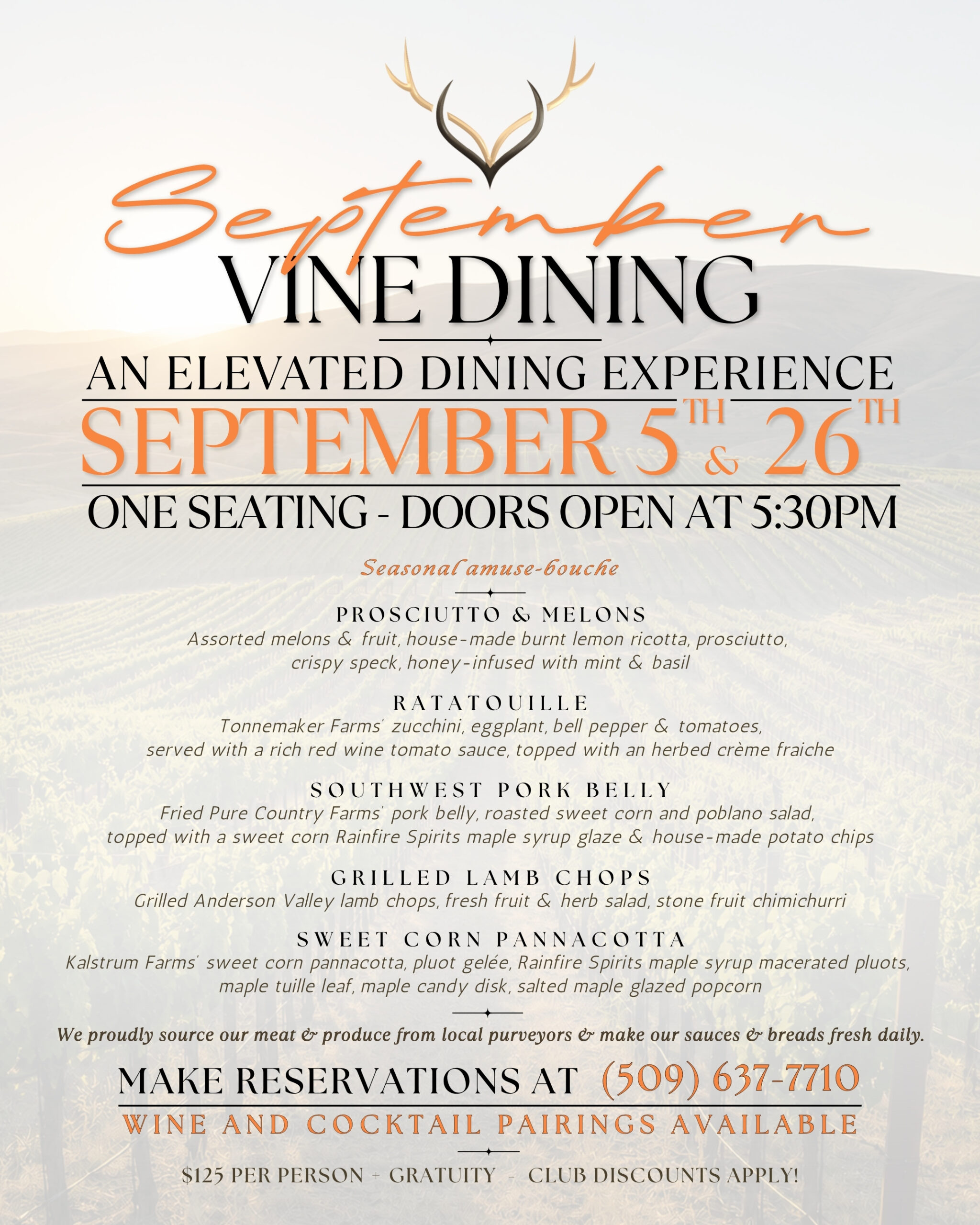 September Vine Dining menu — September 5th & 26th, one seating, doors open 5:30 PM, $125 per person